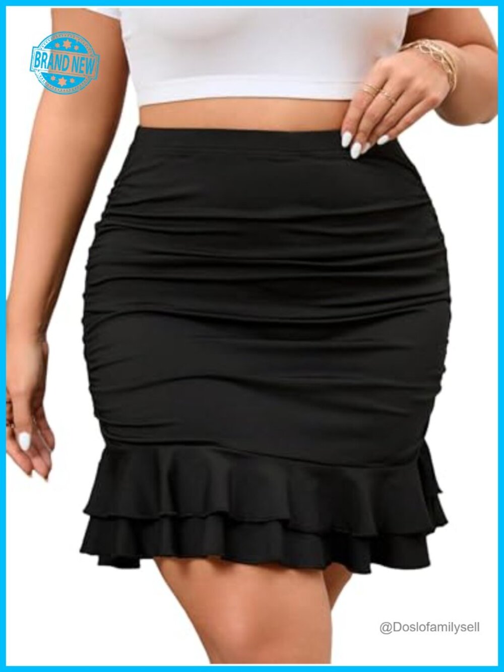 WDIRARA Plus Size Ruched Bodycon Mini Skirt High Waist Ruffle Hem Slim Fit